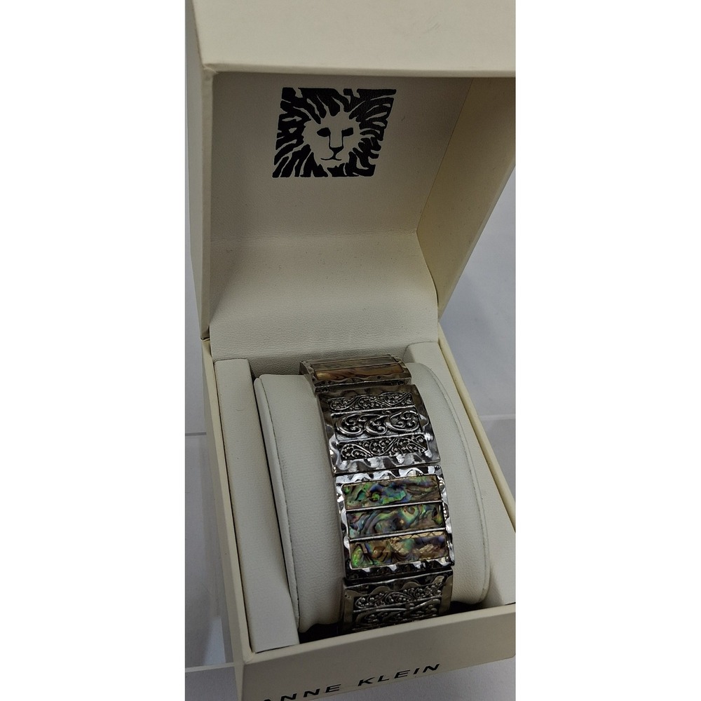 Anne Klein Silver Tone Abalone Shell Filigree Stretch Panel Bracelet with Box